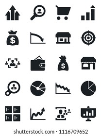 Set of vector isolated black icon - shop vector, checkroom, growth statistic, money bag, store, pie graph, hr, target, consumer search, arrow up, wallet, crisis, cart, presentation