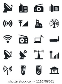 Set of vector isolated black icon - antenna vector, satellite, wireless notebook, office phone, radio, remote control, cellular signal, router, garage gate