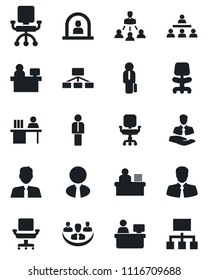 Set of vector isolated black icon - reception vector, manager, office chair, place, client, company, desk, hierarchy, estate agent
