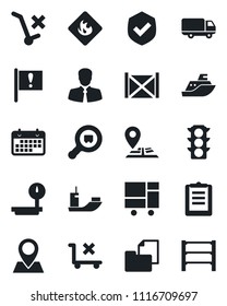 Set of vector isolated black icon - navigation vector, pin, important flag, traffic light, client, sea shipping, car delivery, term, container, consolidated cargo, clipboard, folder document, shield