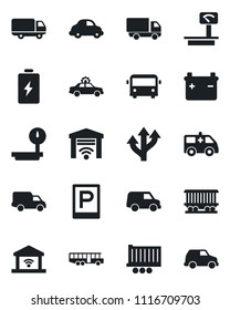 Set of vector isolated black icon - airport bus vector, parking, alarm car, ambulance, route, railroad, truck trailer, delivery, heavy scales, garage gate control, battery