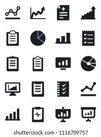 Set of vector isolated black icon - growth statistic vector, monitor, diagnosis, pulse clipboard, statistics, bar graph, pie, checklist, point, presentation