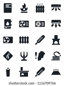 Set of vector isolated black icon - fire vector, hose, fireplace, thermometer, heater, air conditioner, candle, water, smoke detector, radiator, warm floor