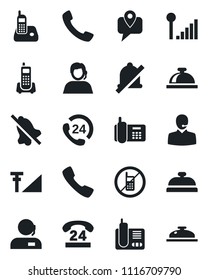 Set of vector isolated black icon - no mobile vector, reception bell, office phone, 24 hours, support, tracking, radio, call, mute, cellular signal