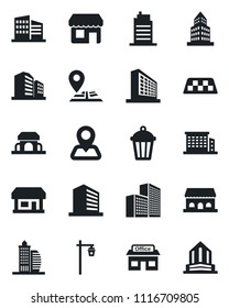 Set of vector isolated black icon - taxi vector, office building, garden light, navigation, store, city house, cafe, storefront