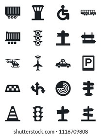 Set of vector isolated black icon - airport tower vector, plane radar, taxi, bus, parking, signpost, alarm car, border cone, helicopter, disabled, route, traffic light, truck trailer, guidepost