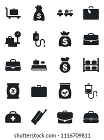 Set of vector isolated black icon - suitcase vector, baggage conveyor, trolley, larry, luggage storage, scales, case, money bag, fertilizer, doctor, dropper