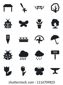 Set of vector isolated black icon - umbrella vector, flower in pot, ripper, tree, butterfly, lady bug, seedling, rain, plant label, picnic table, tulip
