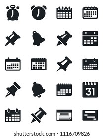 Set of vector isolated black icon - alarm clock vector, drawing pin, calendar, term, paper, bell, schedule