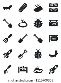 Set of vector isolated black icon - job vector, garden fork, shovel, lady bug, caterpillar, pond, rack, rent, bacon, open close, rocket