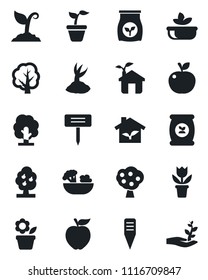 Set of vector isolated black icon - flower in pot vector, seedling, tree, sproute, plant label, fertilizer, fruit, salad, apple, eco house, palm