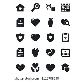 Set of vector isolated black icon - heart vector, pulse, diagnosis, blood pressure, diagnostic, shield, hand, real, medical calendar, clipboard, sweet home