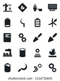 Set of vector isolated black icon - factory vector, trowel, sickle, truck trailer, sea port, flammable, oil barrel, battery, low, sun panel, crane, water heater, gear, windmill