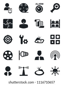 Set of vector isolated black icon - wind vector, luggage storage, contract, pond, heart diagnostic, patient, reel, antenna, application, root setup, target, estate agent, alarm led