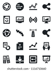 Set of vector isolated black icon - antenna vector, office binder, crisis graph, document, reload, diagnosis, network, share, scanner, download, monitor statistics, point, wireless, social media