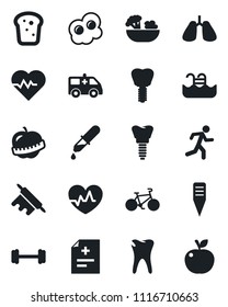 Set of vector isolated black icon - plant label vector, heart pulse, diagnosis, dropper, ambulance car, barbell, bike, run, lungs, caries, implant, diet, pool, salad, bread, rolling pin, omelette