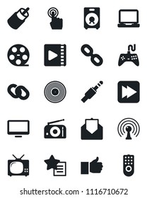 Set of vector isolated black icon - reel vector, vinyl, radio, antenna, gamepad, touch screen, monitor, laptop pc, chain, speaker, finger up, favorites list, mail, fast forward, rca, jack connector