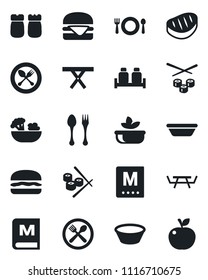 Set of vector isolated black icon - spoon and fork vector, picnic table, cafe, menu, salad, salt pepper, steak, hamburger, bowl, sushi, apple fruit