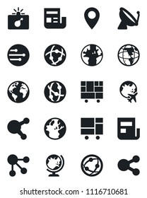 Set of vector isolated black icon - satellite antenna vector, bomb in case, globe, plane, earth, pin, consolidated cargo, network, share, news, social media