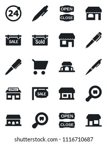 Set of vector isolated black icon - 24 around vector, shop, pen, store, search cargo, sale, sold signboard, cafe building, open close, cart, storefront