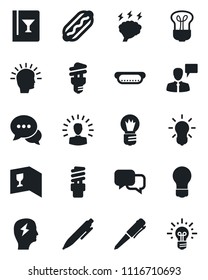 Set of vector isolated black icon - speaking man vector, pen, brainstorm, bulb, dialog, wine card, hot dog, energy saving, shining head, idea