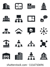 Set of vector isolated black icon - hierarchy vector, well, molecule, hospital, office building, garage, plan, home message