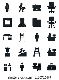 Set of vector isolated black icon - manager vector, desk, place, ladder, folder, career, cook, office chair, case