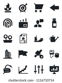 Set of vector isolated black icon - left arrow vector, watering can, fire, hose, blood pressure, ampoule, satellite, sea shipping, speaker, tuning, fingerprint id, mail, estate document, target