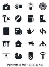 Set of vector isolated black icon - bomb in case vector, notepad, watering can, wheelbarrow, boot, route, no hook, shield, vinyl, news, video camera, remote control, hierarchy, house, beer, salad