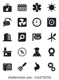 Set of vector isolated black icon - bomb in case vector, office building, document search, calendar, garden fork, sun, hose, fireplace, ambulance star, stomach, mobile camera, compass, sertificate