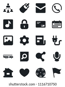 Set of vector isolated black icon - airport bus vector, document search, heart, term, reel, microphone, share, mail, rca, gallery, settings, music, news, hierarchy, house, lock, phone, power plug