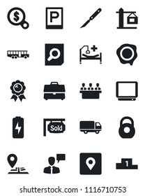 Set of vector isolated black icon - airport bus vector, parking, speaking man, medal, document search, stamp, scalpel, hospital bed, navigation, car delivery, heavy, tv, place tag, charge, case