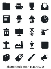 Set of vector isolated black icon - office chair vector, pennant, document, garden knife, signpost, traffic light, fragile, mail, rca, folder, presentation board, pie graph, blank box, factory