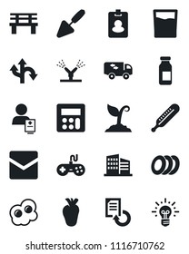 Set of vector isolated black icon - document reload vector, trowel, sproute, bench, thermometer, ampoule, real heart, patient, route, gamepad, calculator, mail, office building, moving, drink, idea