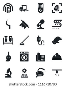 Set of vector isolated black icon - fork loader vector, glove, hose, hoe, sickle, drip irrigation, blood test vial, dropper, microscope, microphone, remote control, radio phone, themes, sun panel