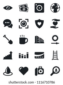 Set of vector isolated black icon - growth statistic vector, job, ladder, water drop, heart, shield, hand, eye, earth, cash, camera, equalizer, dialog, mobile, brightness, coffee, office building