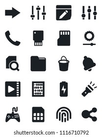 Set of vector isolated black icon - right arrow vector, abacus, bucket, gamepad, settings, call, tuning, bell, sd, sim, folder, notes, torch, brightness, fingerprint id, video, charge, usb flash