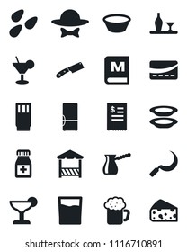 Set of vector isolated black icon - sickle vector, seeds, pills bottle, fridge, alcohol, menu, drink, cocktail, beer, plates, dress code, alcove, credit card, restaurant receipt, bowl, knife, cheese
