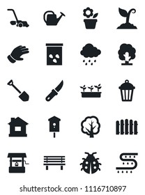 Set of vector isolated black icon - job vector, flower in pot, fence, tree, watering can, sproute, glove, lawn mower, lady bug, house, seedling, rain, well, garden knife, bench, light, seeds, bird
