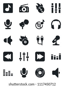 Set of vector isolated black icon - vinyl vector, flame disk, microphone, radio, speaker, settings, equalizer, headphones, fast forward, rewind, rca, tuning, music, sound