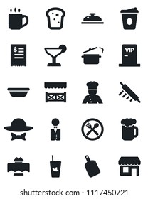 Set of vector isolated black icon - coffee vector, waiter, cook, restaurant table, cafe, reception, cocktail, phyto bar, beer, bread, vip zone, dress code, alcove, receipt, bowl, rolling pin