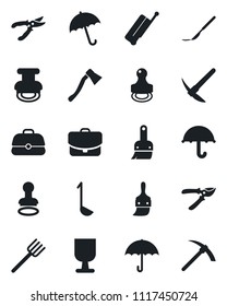 Set of vector isolated black icon - suitcase vector, umbrella, stamp, farm fork, pruner, axe, scalpel, fragile, themes, ladle, case, hard work