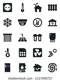 Set of vector isolated black icon - no mobile vector, sim, eco house, socket, fan, water heater, snowflake, filter, thermometer, radiator, warm floor, jalousie, garage gate control, fridge