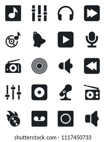 Set of vector isolated black icon - vinyl vector, flame disk, microphone, radio, speaker, settings, headphones, play button, fast forward, rewind, rec, tuning, bell, record, music, sound