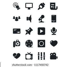 Set of vector isolated black icon - reel vector, camera, microphone, news, speaker, tv, settings, cell phone, touch screen, monitor, group, heart, paper pin, mail, play button, hdmi, record, video