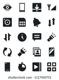 Set of vector isolated black icon - mobile vector, phone back, message, update, camera, clock, stopwatch, bell, sim, data exchange, download, torch, eye id, video, photo gallery, cellular signal