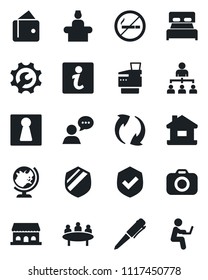 Set of vector isolated black icon - no smoking vector, female, reception, globe, hierarchy, pen, meeting, shield, camera, speaker, update, root setup, copier, house, bedroom, cafe building, wallet