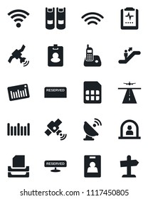 Set of vector isolated black icon - runway vector, escalator, reception, book, pulse clipboard, barcode, satellite antenna, radio phone, sim, wireless, identity card, paper tray, reserved, pass