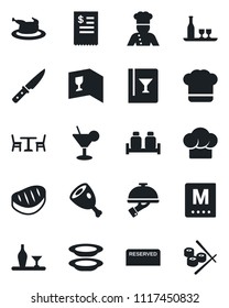 Set of vector isolated black icon - cafe vector, cook, alcohol, hat, wine card, menu, reserved, cocktail, plates, waiter, salt and pepper, restaurant receipt, chicken, steak, ham, knife, sushi