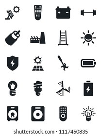 Set of vector isolated black icon - bulb vector, ladder, ripper, barbell, remote control, speaker, rca, protect, battery, windmill, factory, energy saving, sun panel, alarm led, idea